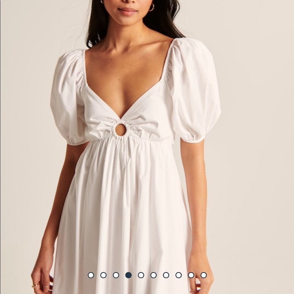 WHITE O-Ring Puff Sleeve Midi Dress